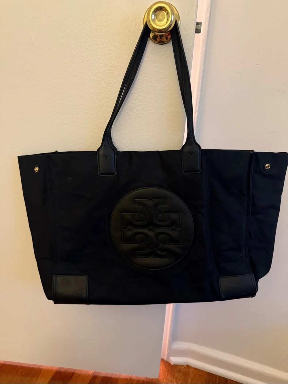 Tory Burch Black Nylon Tote with Logo Medallion and Leather Trim